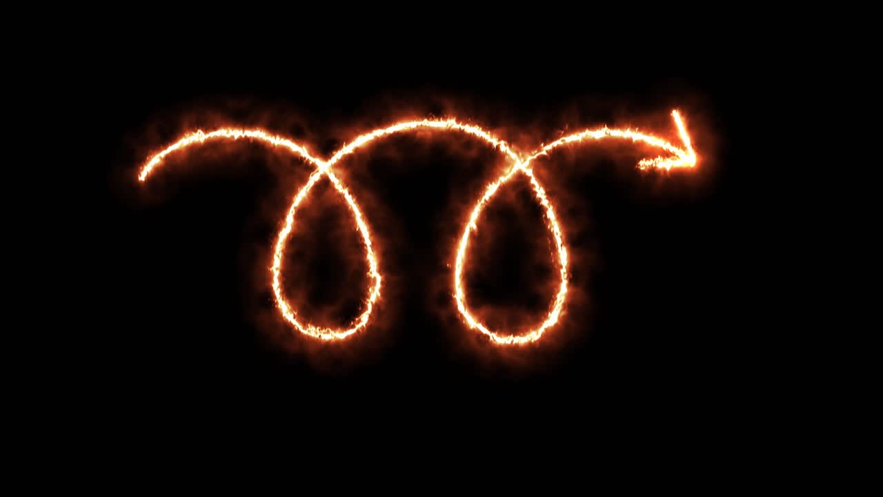 Glowing fire arrow smoothly draws double spiral trajectory, leaving bright light trail on black