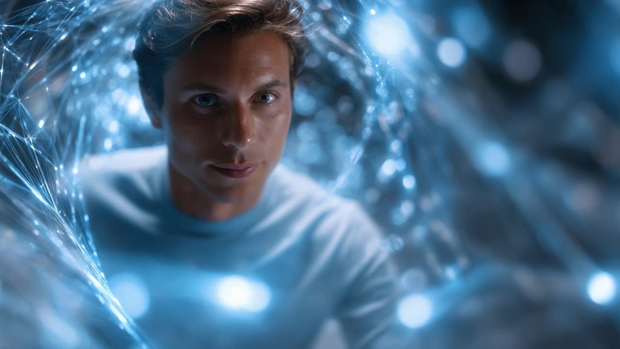 Una rappresentazione accattivante di un giovane uomo circondato da una rete digitale di luci e connessioni blu, che riflette la tecnologia e l'interazione umana nell'era moderna.