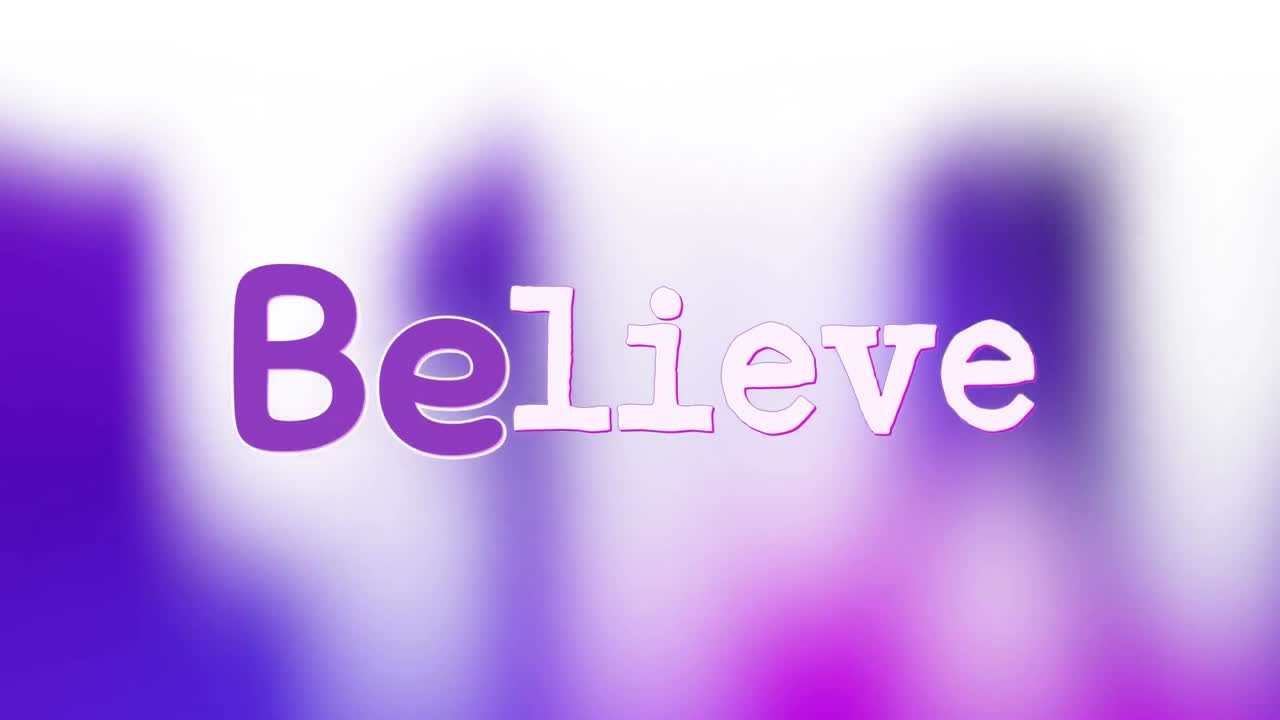 Believe graphic in purple and white