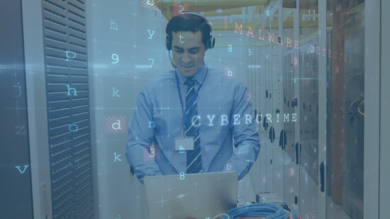 hombre con auriculares hablando en el corredor de la sala del servidor mientras que los mensajes de seguridad se mueven en primer plano