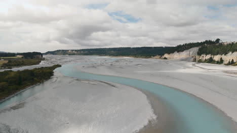 aerial view of a turquoise river and dry riverbed