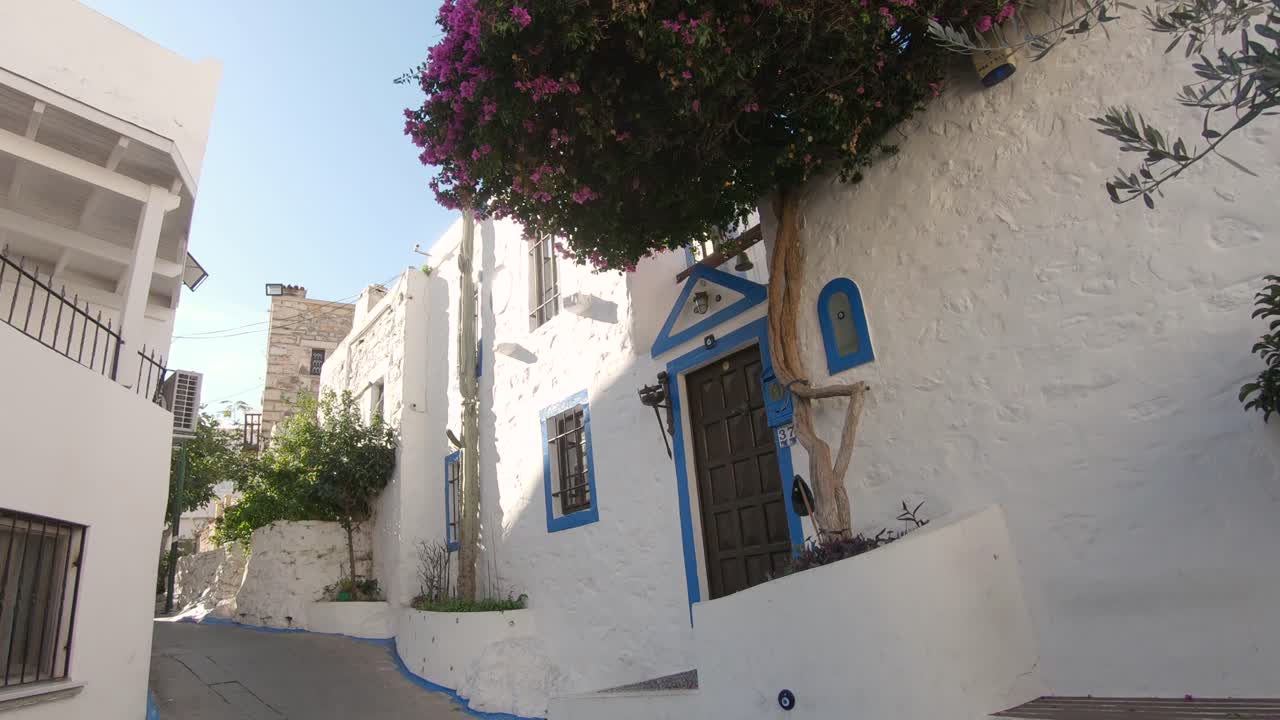 romántico callejón estrecho de arquitectura mediterránea tradicional azul y blanca con buganvillas