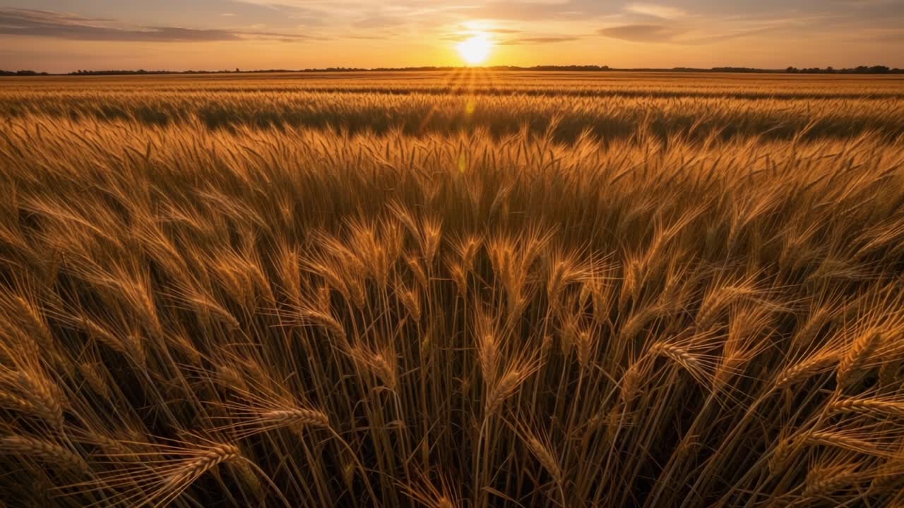 Golden Waves of Grain Captured in Majestic Sunset Over a Field, Illuminating Nature's Harvest with Vibrant Hues and Serenity Amidst Expansive Skies