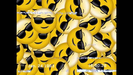vhs glitch effect over multiple face wearing sunglasses emojis on black background