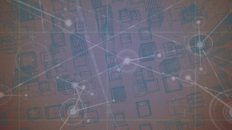 Animation of network of connections with people icons over purple shape and cityscape