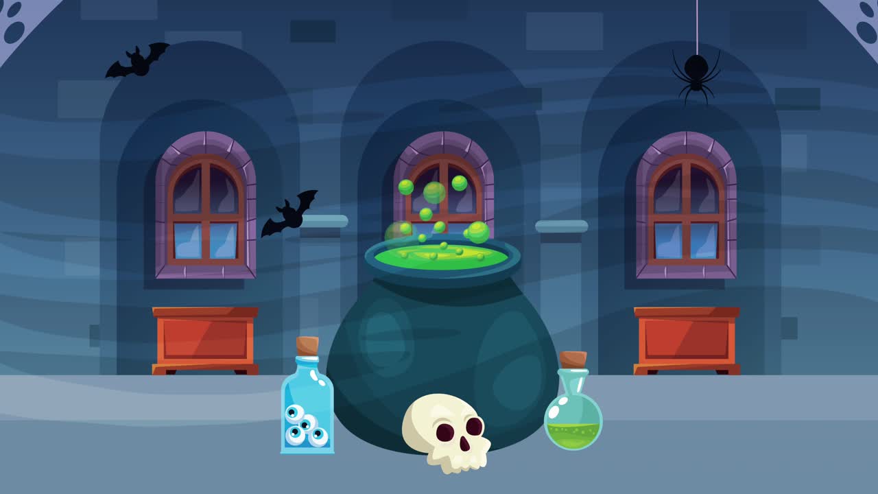 행복한 할로윈 애니메이션 장면과 마녀 오븐