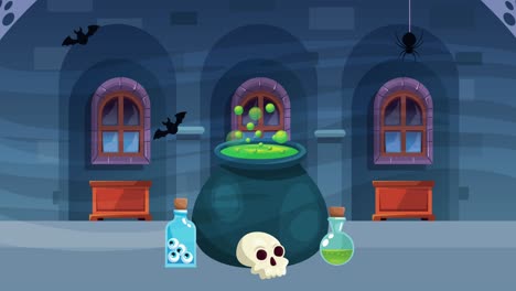 happy halloween animated scene with witch cauldron