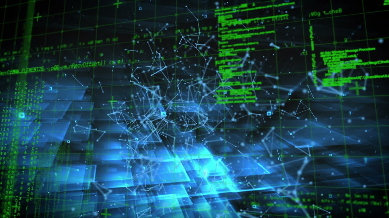 Animation of network of connections and data processing over light trails on black background