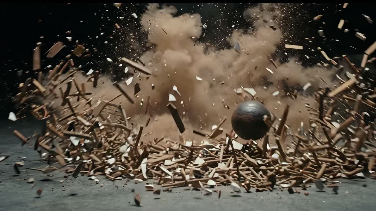スローモーションで木製の鳥かごを爆破する砲弾