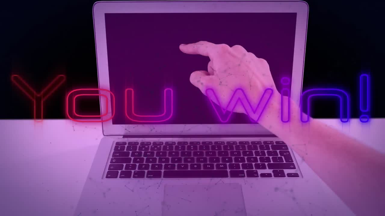 Animation of you win text in colourful neon over green network and hand pointing to laptop screen