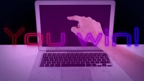 animation of you win text in colourful neon over green network and hand pointing to laptop screen