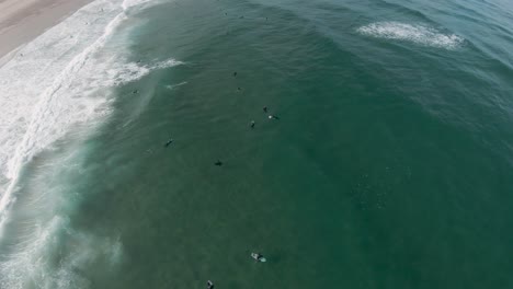 Top-down-view-of-bodyboarders-in-wetsuits-waiting-at-lineup-in-ocean