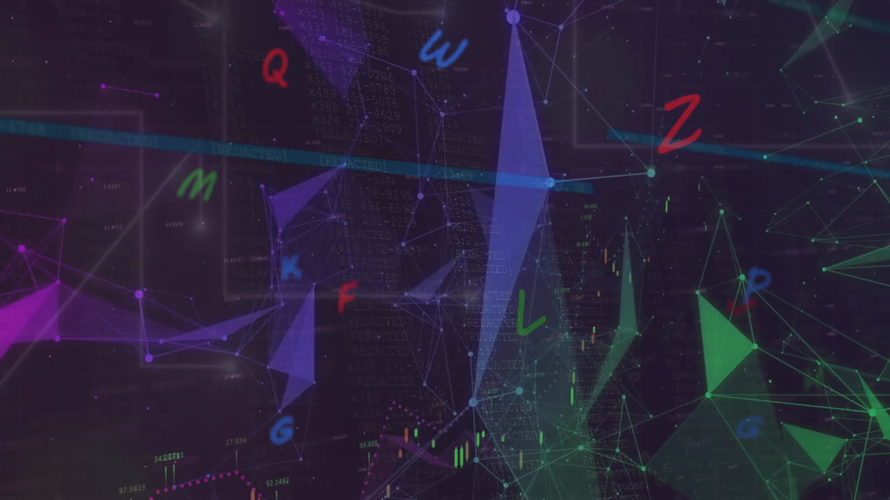 Animation of letters and data processing over dark background