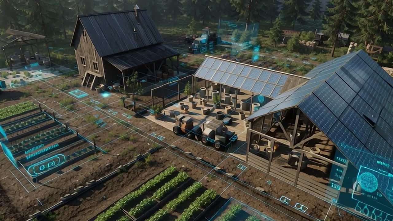 Futuristisk gård med avanceret teknologi i et frodigt skovmiljø