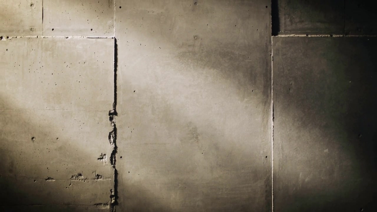 Showing concrete wall panel catching sweeping diagonal light in basement, with seam and pitting