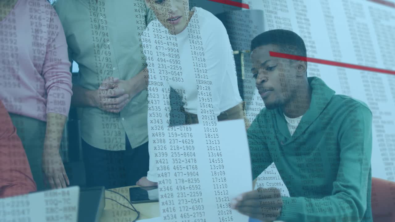 Animation of processing data over diverse colleagues discussing at casual office