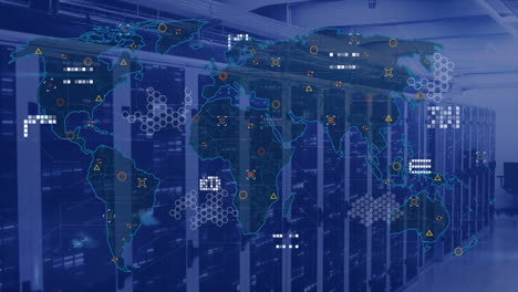 Animation-Der-Weltkarte-Und-Datenverarbeitung-über-Computerserver