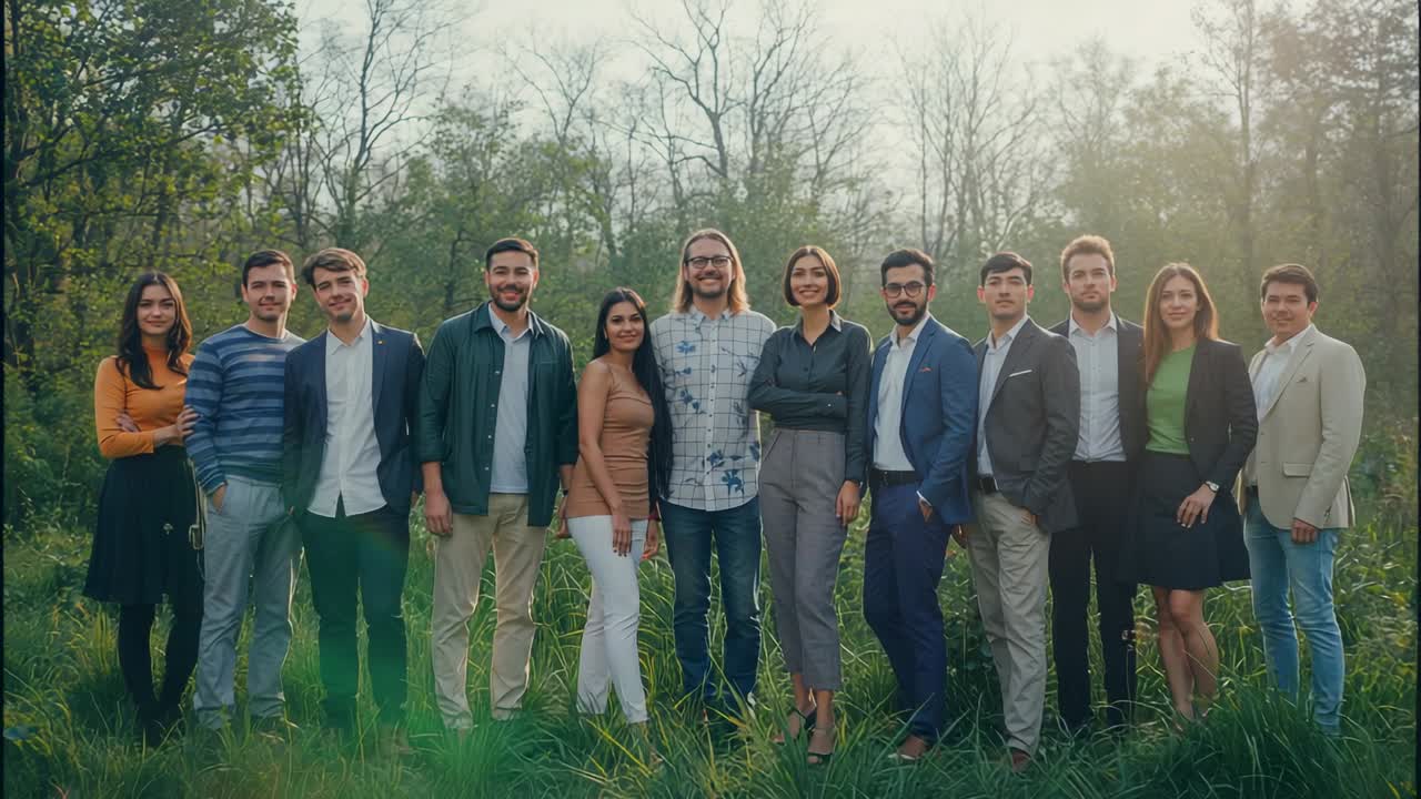 Starting rightward pan, team of eleven in casual wear exiting frame in meadow, revealing forest