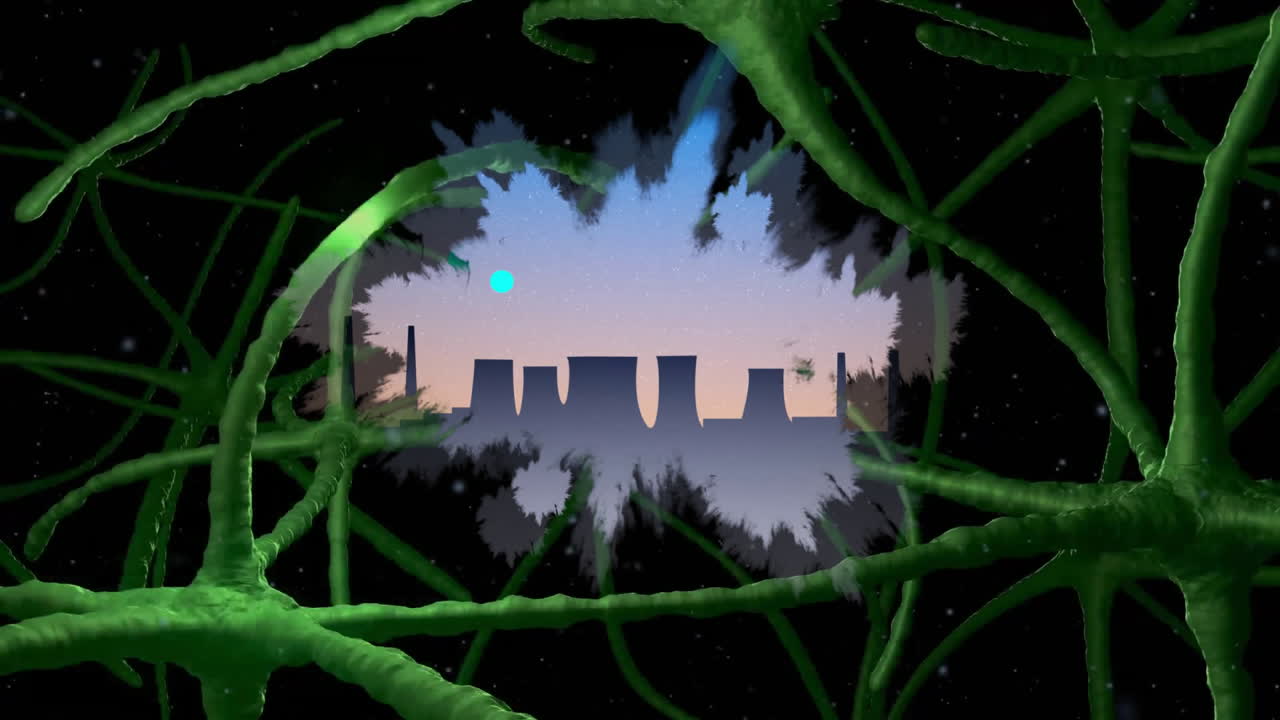 Neural branches glowing green being animated, showing industrial skyline drifting over starry void