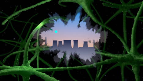 neural branches glowing green being animated, showing industrial skyline drifting over starry void