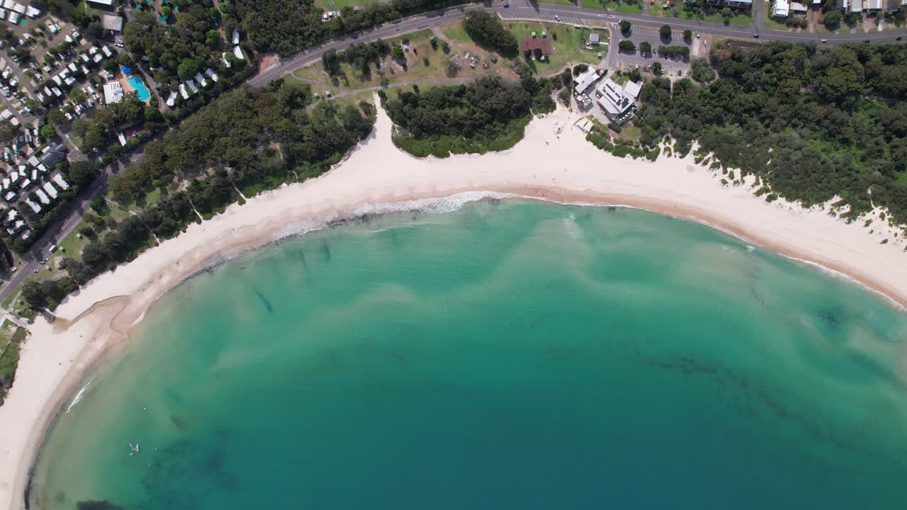 Fingal Bay Beach In Summer By The Calm Blue Sea In NSW, Australia. - aerial shot