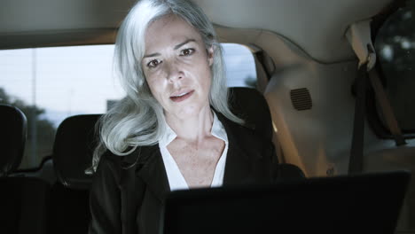 businesswoman using laptop in car