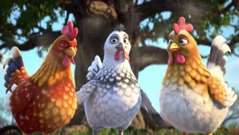 a delightful gathering of animated chickens in a colorful farm setting, showcasing their unique personalities and playful interaction under the shade of a large tree