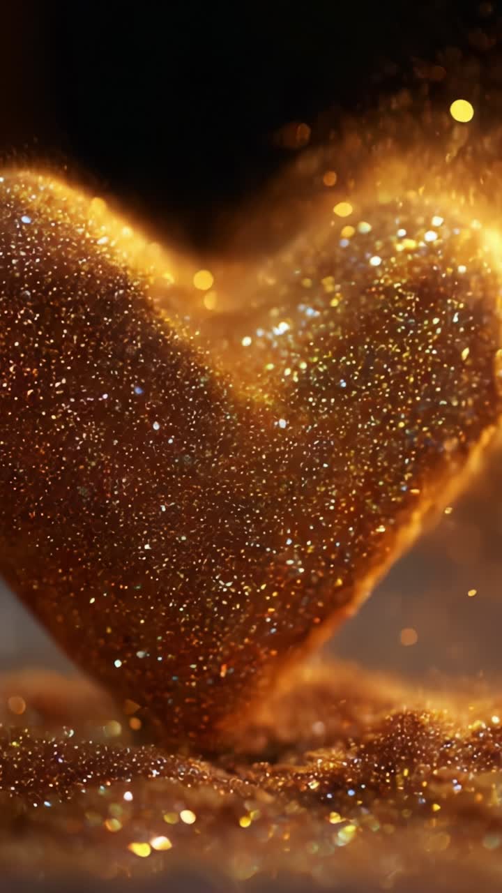 Uno scintillio dorato a forma di cuore che luccica nella luce, creando una sensazione magica e incantevole di amore e gioia attraverso la sua iridescente luminosità