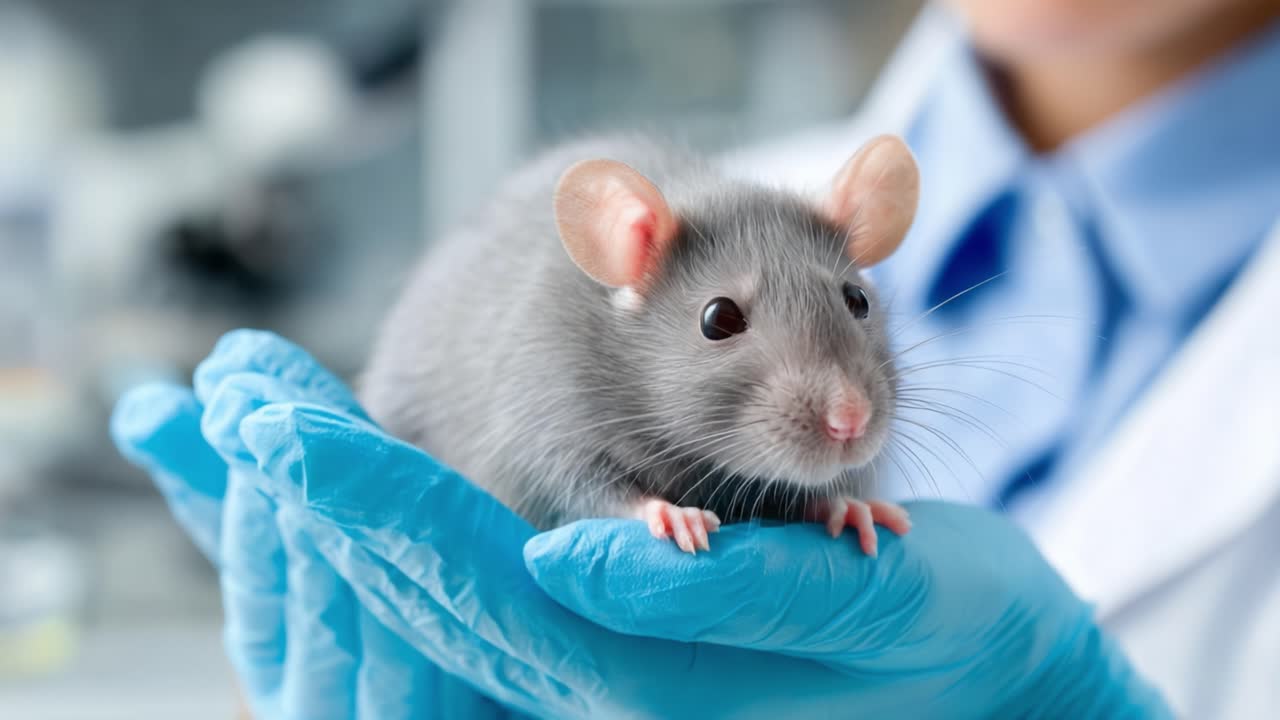 Primo piano di un topo da laboratorio grigio tenuto in mani con guanti, che mostra le sue caratteristiche distintive in un ambiente di ricerca scientifica