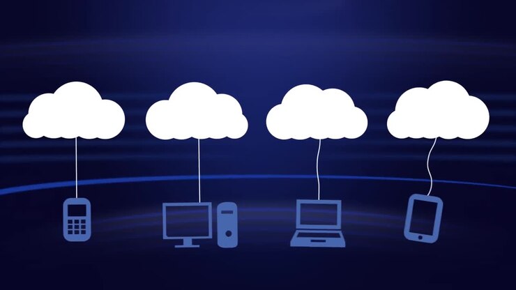 White cloud moving with networks icons on blue background