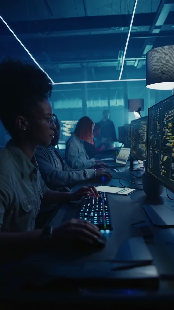 Low-angle shot of a tech team coding in a dimly lit room, capturing a cinematic video style