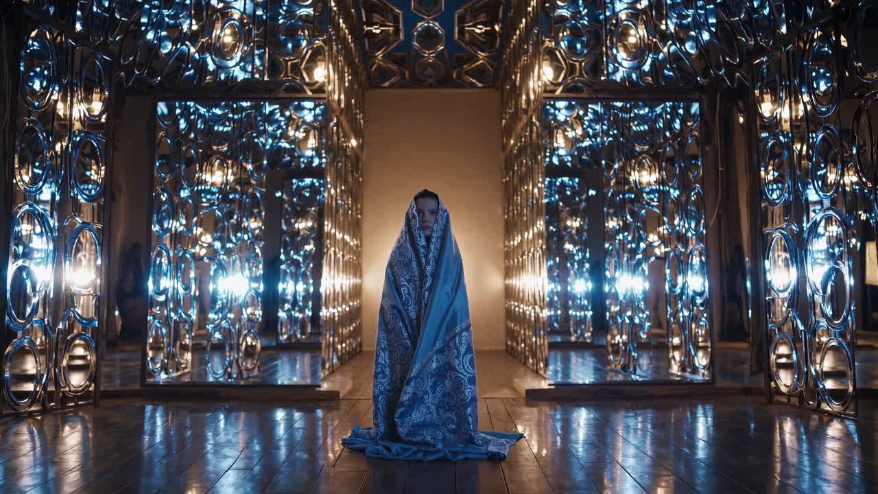 Person wearing blue silver cape standing inside reflective room with ornate metalwork, soft illumination creating mysterious ceremonial atmosphere surrounding reflective surfaces
