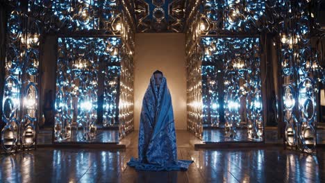 person wearing blue silver cape standing inside reflective room with ornate metalwork, soft illumination creating mysterious ceremonial atmosphere surrounding reflective surfaces