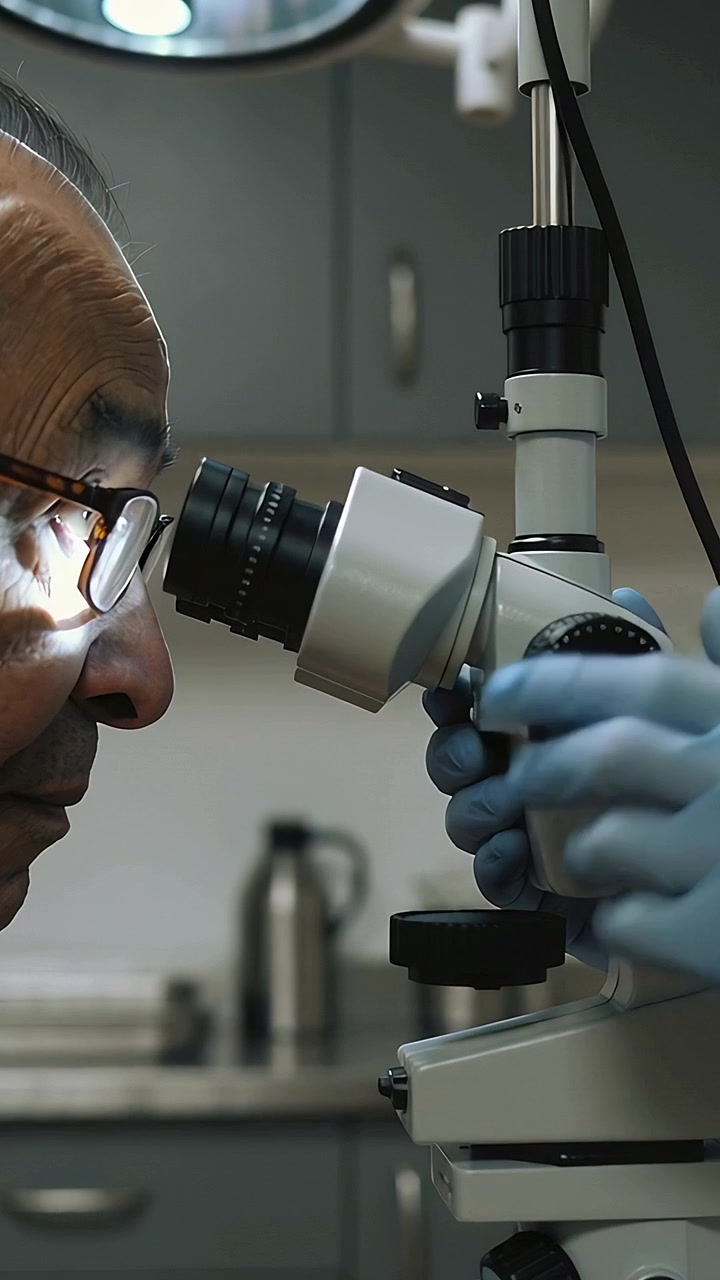 Vertical video: Reaching gloved Dr turning slitlamp dial aligning senior eye for exam, copy space