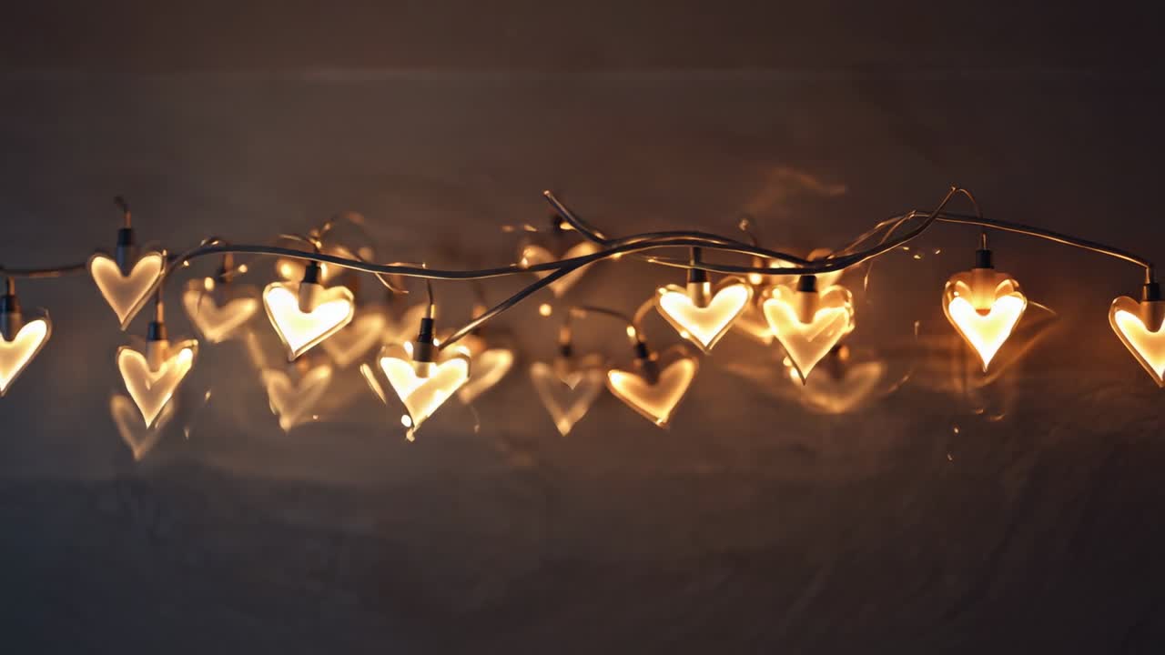 Pulling focus camera showing heart-shaped lights on thin wire in dimly lit room, revealing sockets