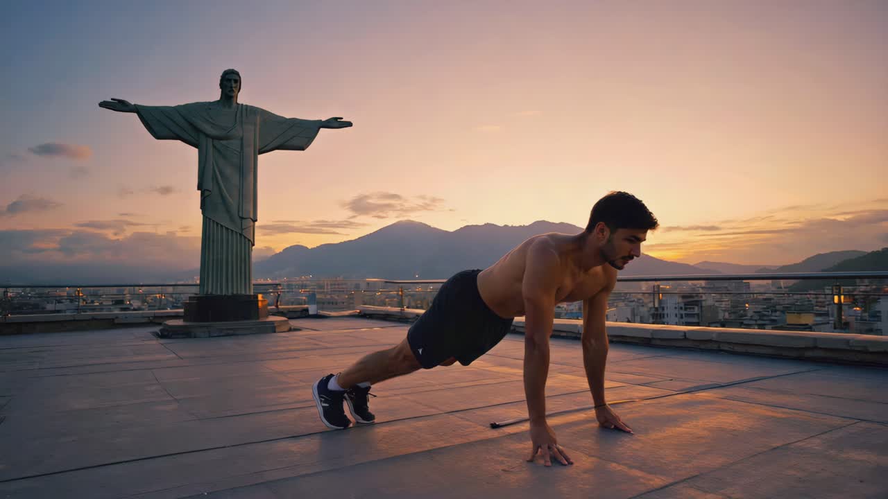 Man doing push-ups with Christ the Redeemer in background