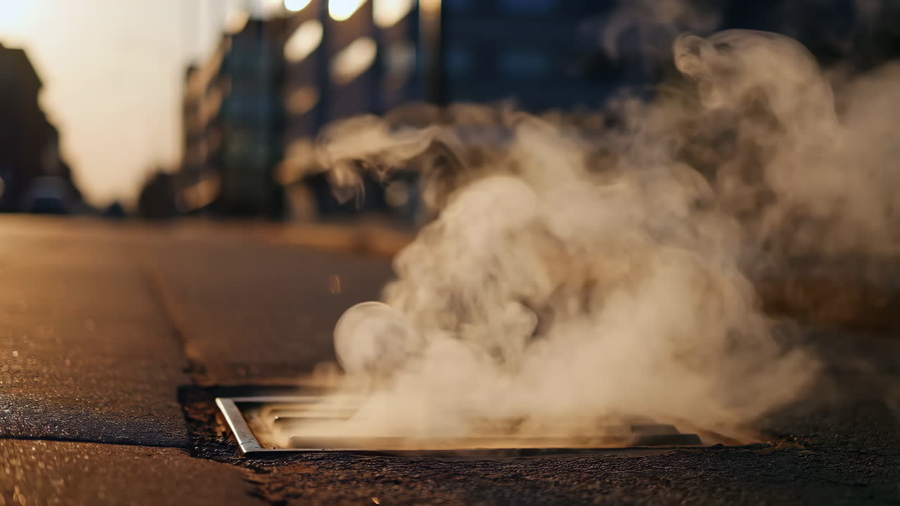 Steam rising from a street grate in an urban setting