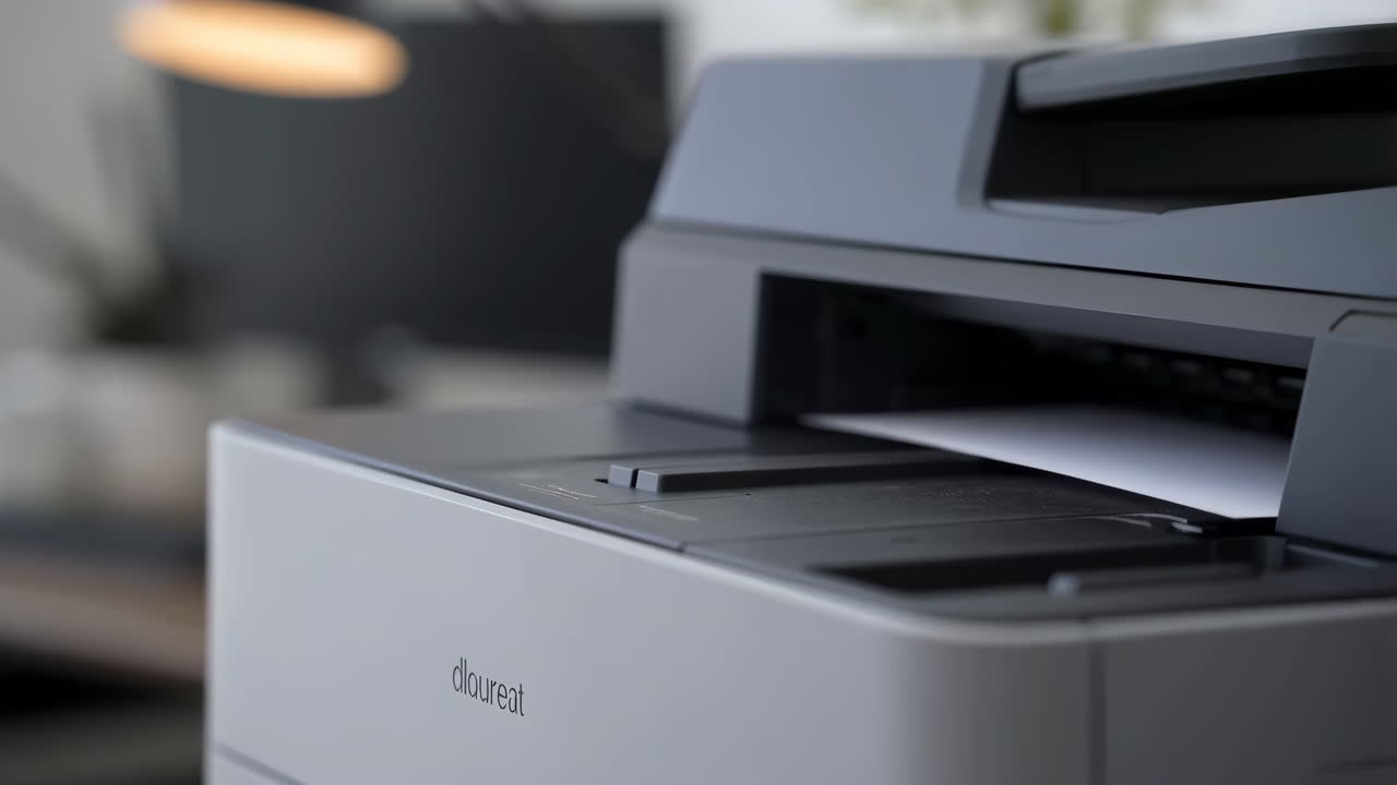 Close-up of a printer with paper in an office setting