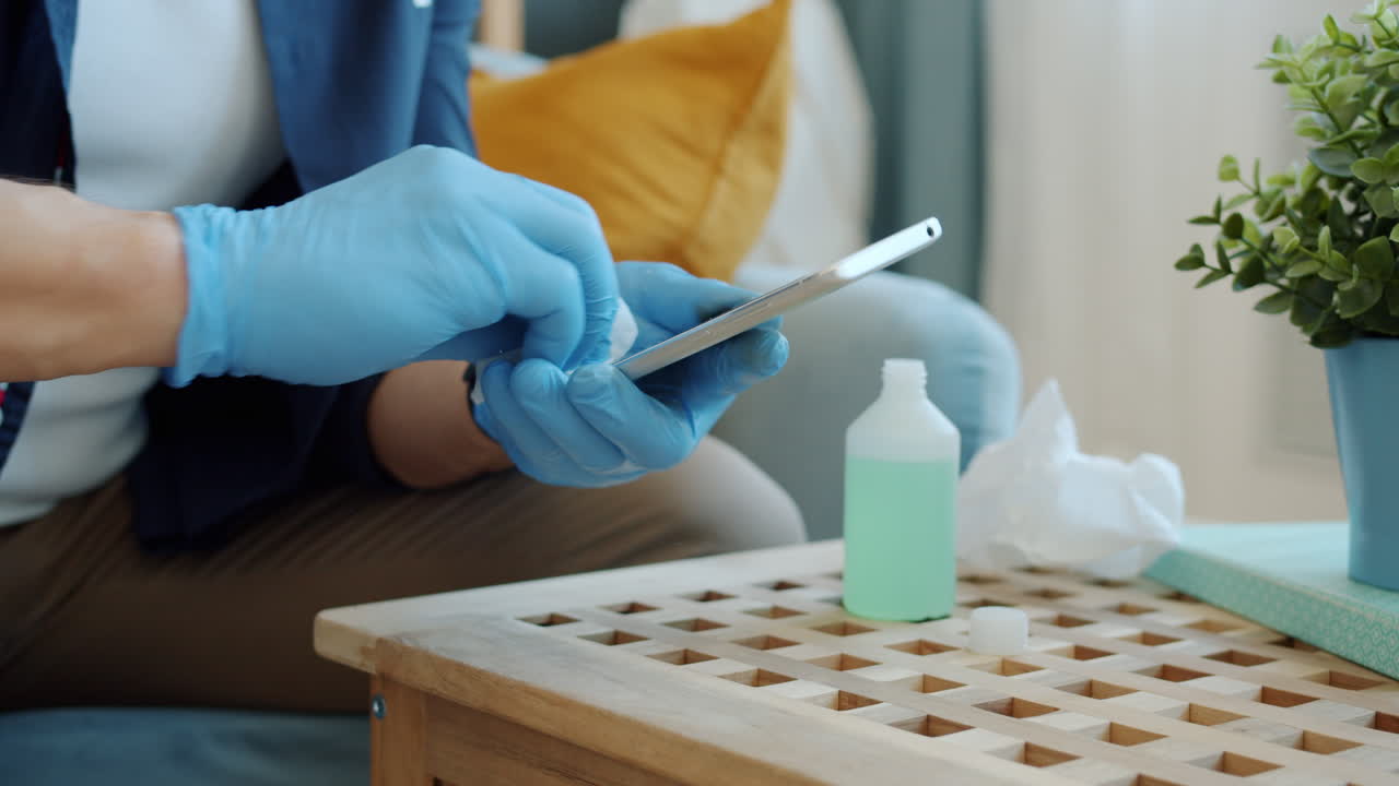 Cleaning a phone with gloves and sanitizer