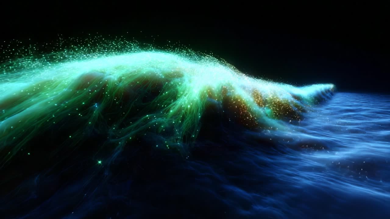 A Stunning Visual Representation of a Mystic Wave in a Dark Ocean, Capturing the Ethereal Glow and Sparkling Particles Dancing on the Crest of the Water, Evoking a Dreamlike Atmosphere