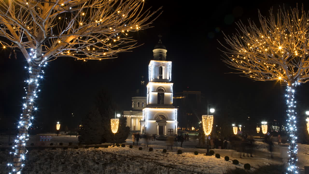Motion timelapse of Chisinau Cathedral in city center with christmas decorations. Moldova