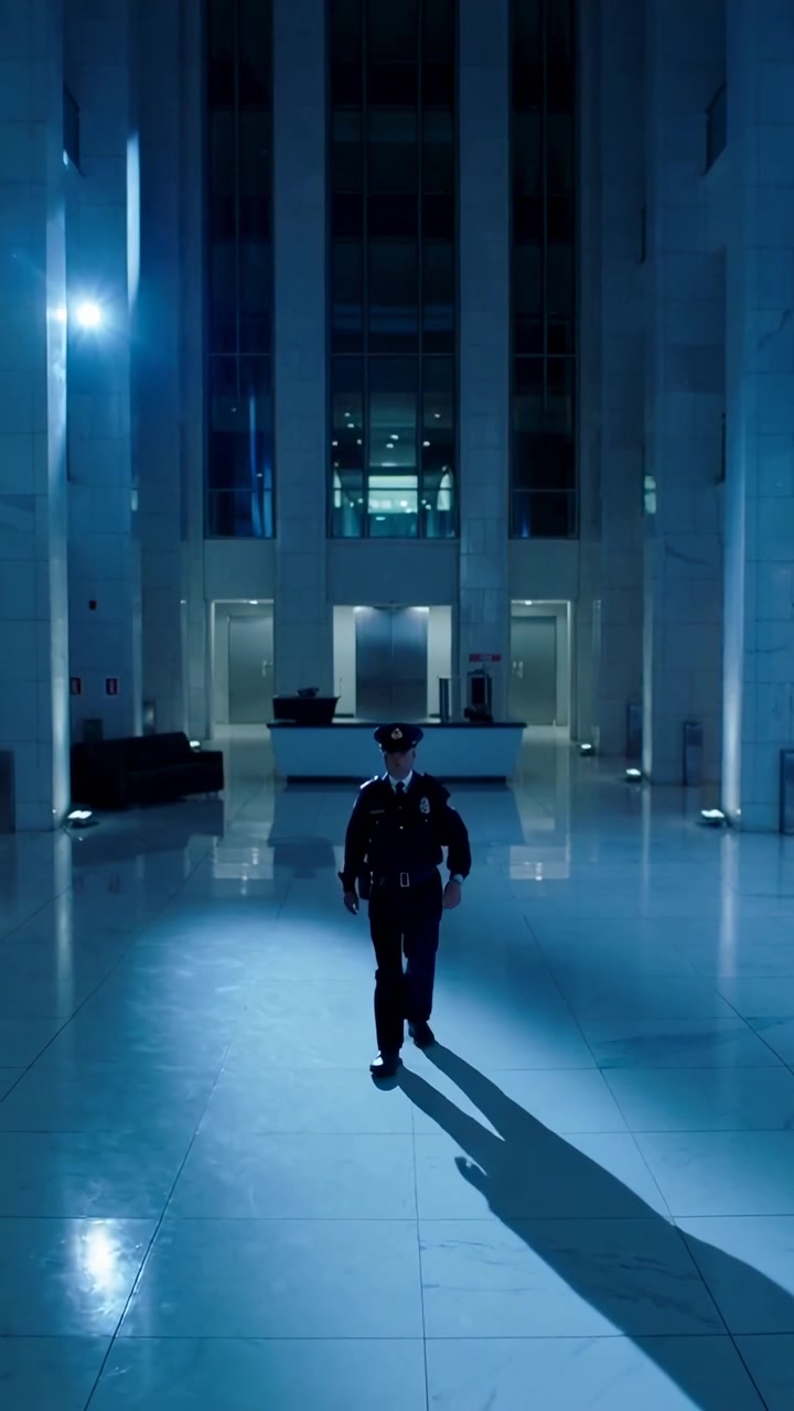 Video verticale: Agente in uniforme che inizia il turno di notte cammina verso la telecamera nella hall, con il distintivo.