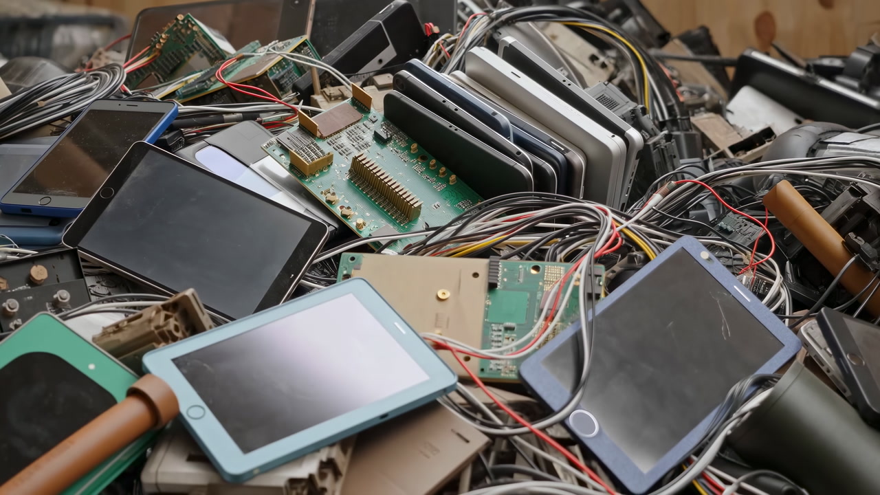 Pile Of Discarded Electronics And Cables, Stacked Tablets, Smartphones, Circuit Boards And Tangled Wires