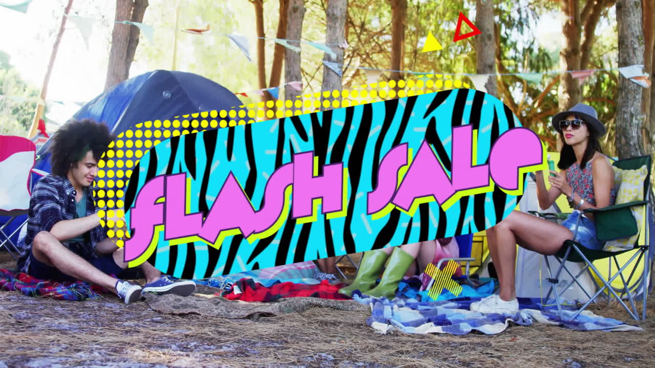 Flash Sale text animation over people relaxing at campsite with tents