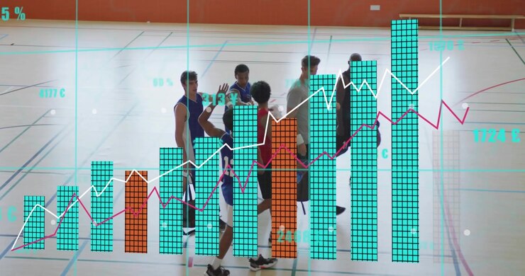 Sei compagni di squadra che camminano attraverso il campo da palestra sotto una griglia tecnologica, creando grafici, battendo il cinque e scambiandosi sguardi