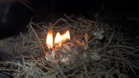 person using fire steel to start a fire, static close-up