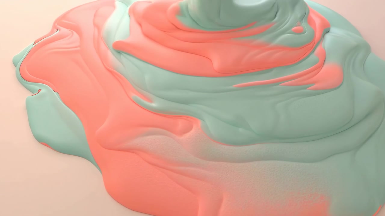 Formas líquidas de menta y coral se desplazan sobre un fondo de luz suave, creando pliegues suaves y en capas, reflejos brillantes y una composición minimalista elegante.