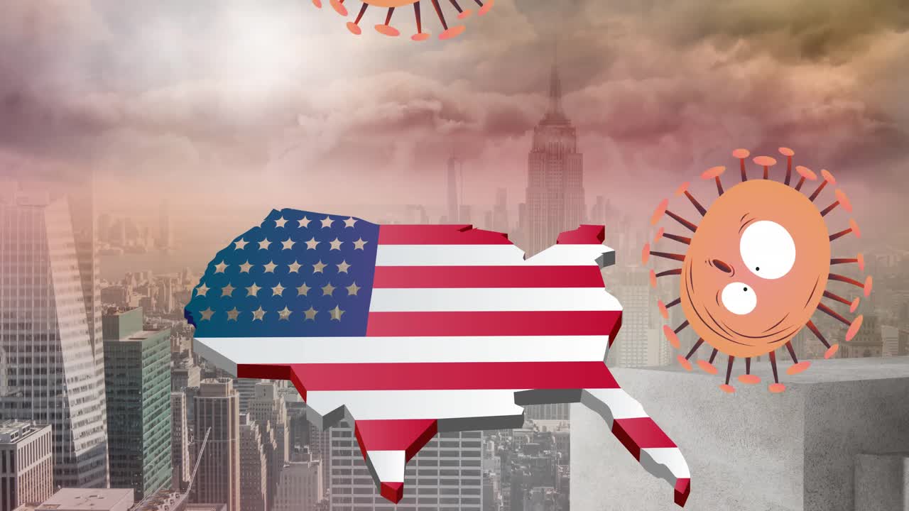 미국 지도 위의 코로나바이러스 세포의 애니메이션은 도시 풍경 배경에 미국  ⁇ 발로 색칠되었습니다.