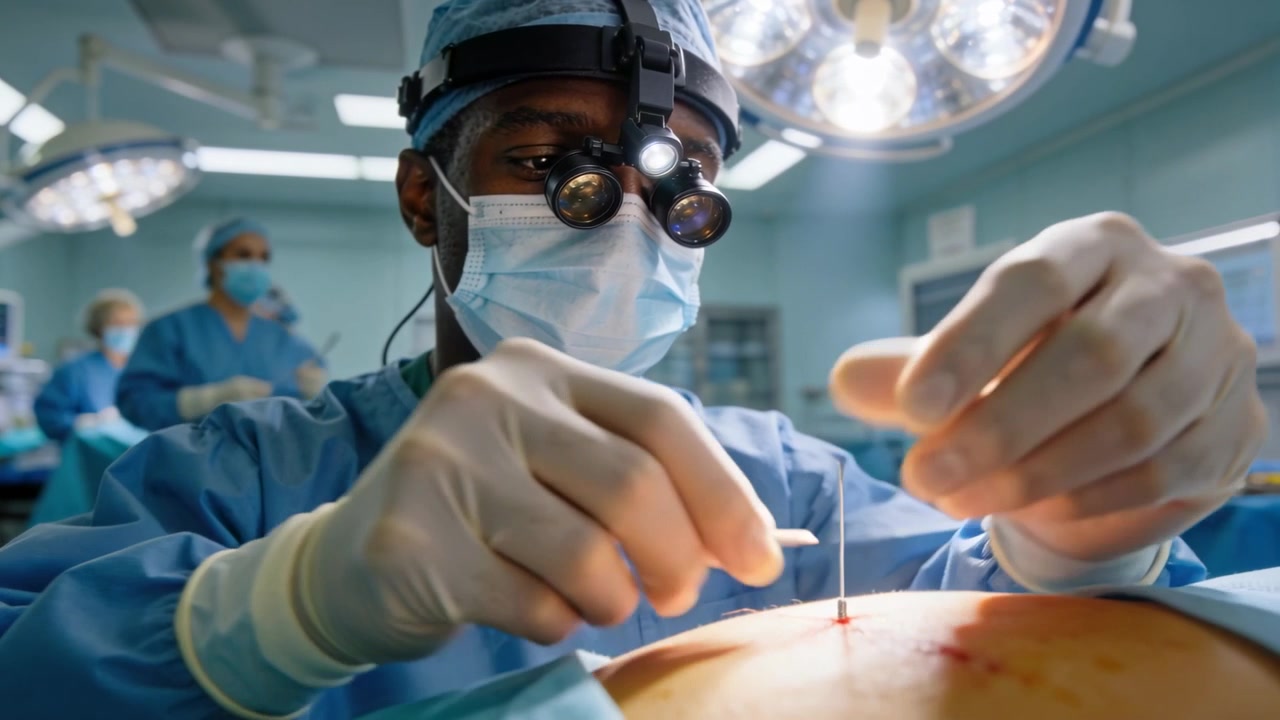 Suturing lead surgeon wearing scrubs and loupe, threading needle and closing abdomen incision in OR