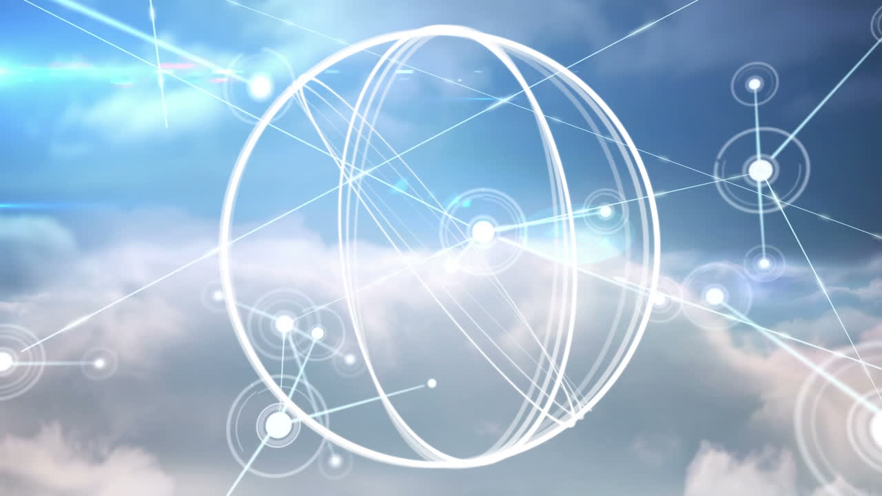 구름진 배경에 연결 네트워크를 통해 기하학적 모양의 애니메이션